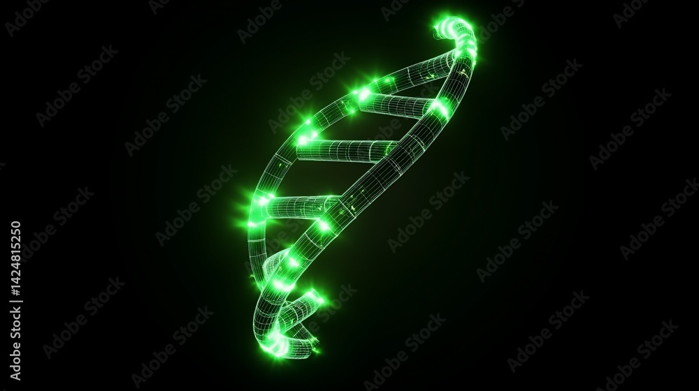 Fototapeta premium 3D rendering of glowing DNA molecule structure model on black background for science genetic research concept