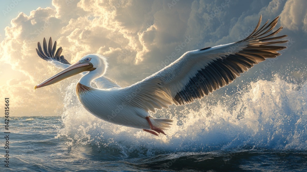 Majestic Pelican Taking Flight Over Ocean Waves at Sunrise