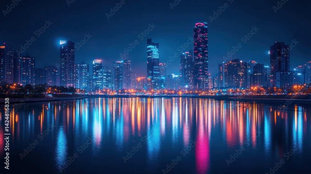 Fototapeta premium Night Cityscape: Vibrant Reflection of Modern Architecture on Calm Waters