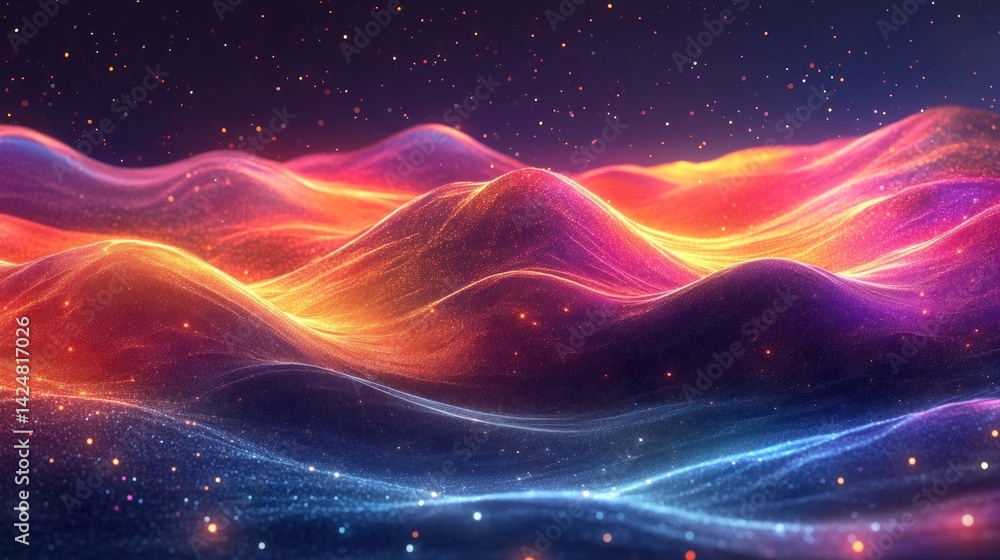 Fototapeta premium Luminous Waves: A Digital Landscape of Vivid Hues and Glowing Particles