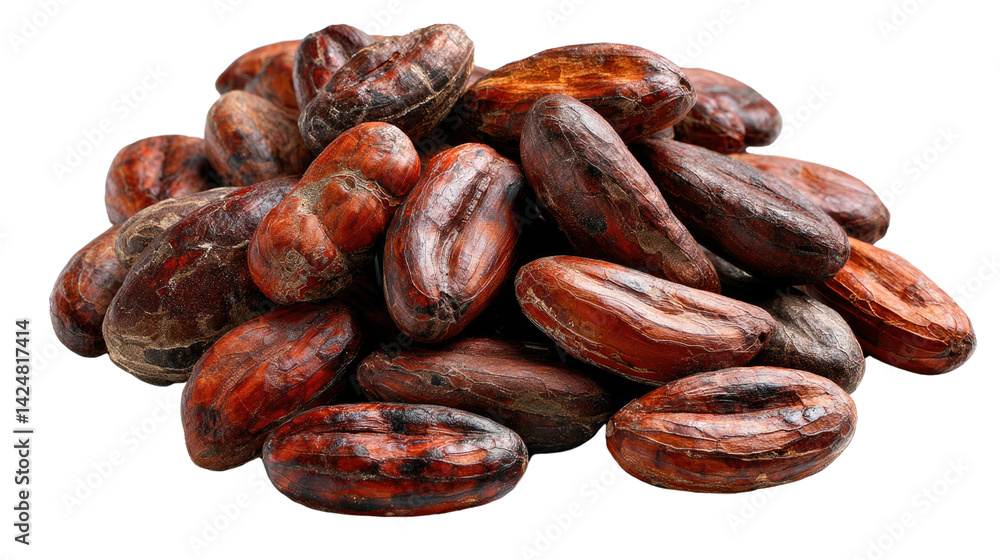 Cacao Beans: A close-up view of a pile of cacao beans, showcasing their rich brown color and smooth, oval shape. These beans are the key ingredient in chocolate. Cacao Beans: A close-up view of a pile of cacao beans, showcasing their rich brown color and smooth, oval shape. These beans are the key ingredient in chocolate.