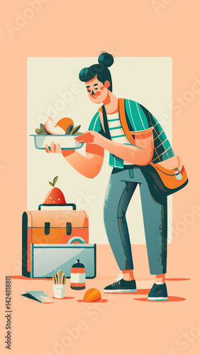 A person packing lunch for work watercolor image. Flat style. Vector illustration.