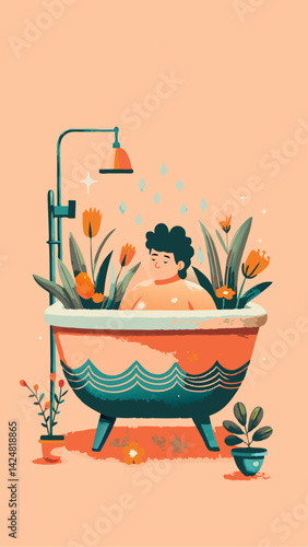 A person taking a relaxing bath watercolor image. Flat style. Vector illustration.
