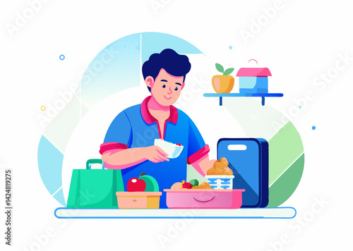 A person packing lunch for work image. Cartoon style. Vector illustration.