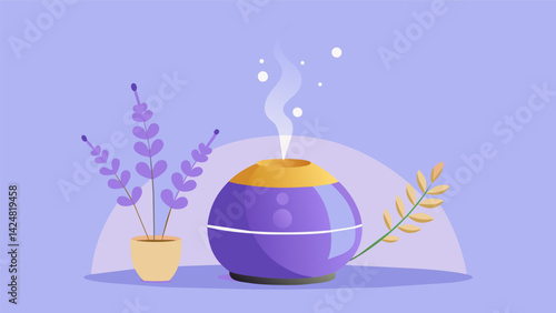 An electronic diffuser that releases lavender essential oil through a calm mist to promote relaxation and better sleep.. Vector illustration