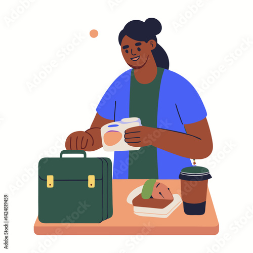 A person packing lunch for work image. Flat image isolated on white background. Vector illustration.