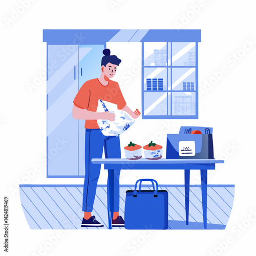 A person packing lunch for work image. Flat style. Vector illustration.