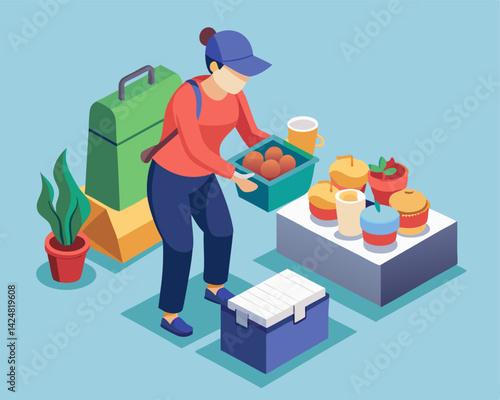 A person packing lunch for work image. Isometric style. Vector illustration.