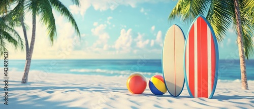 Fototapeta Naklejka Na Ścianę i Meble -  Surfboards with beach balls, and palm trees.