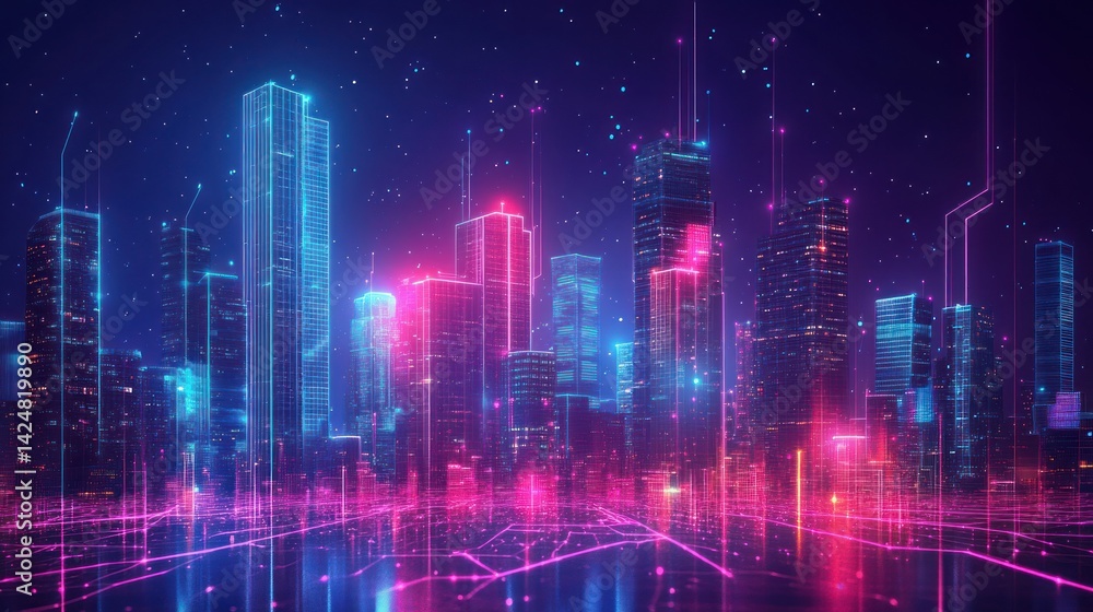 Neon Cityscape: A futuristic digital metropolis at night, glowing with vibrant pink and blue lights, showcasing technological advancement and urban development. Neon Cityscape: A futuristic digital metropolis at night, glowing with vibrant pink and blue lights, showcasing technological advancement and urban development.