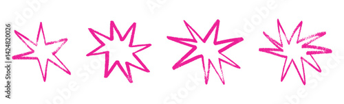 Grunge pink stars brush strokes and spray paint. texture, graffiti elements, and vintage ink border. Flat vector illustration isolated on white background.