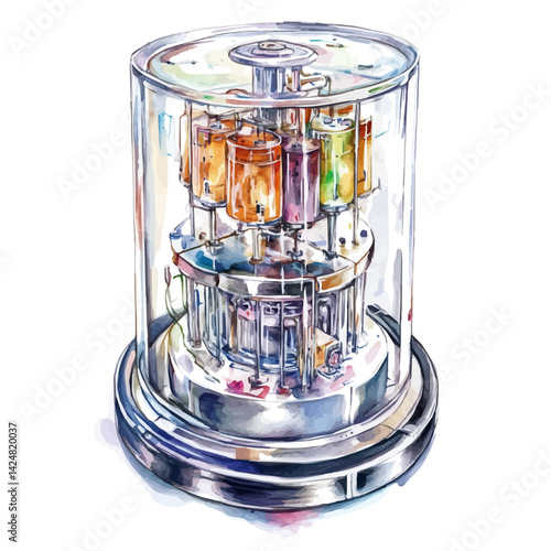 Quantum computer in a glass chamber, watercolor illustration, isolated on a white background.

