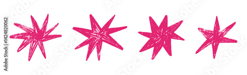 Shape elements, abstract. Graphic pink stars among scribble doodles, color collage. Flat vector illustrations isolated on white background