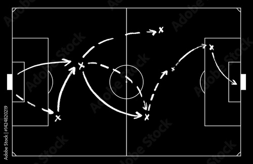 Soccer field formation tactic plan. Coach board with sport game arrow sketch. Flat vector illustration isolated