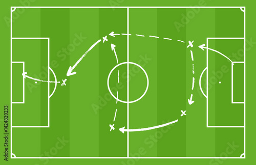Soccer field scheme tactic board. Play plan with coach arrows and line sketch. Flat vector illustration isolated