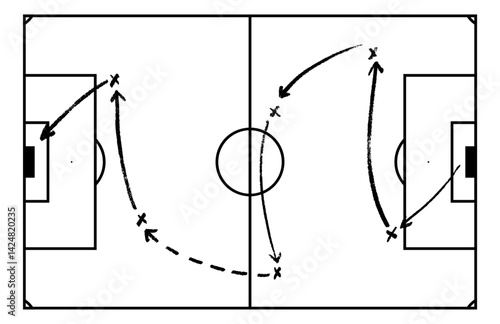Soccer field scheme tactical play. Coach board with sport arrow game plan. Flat vector illustration isolated on white background.