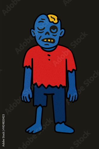 Angry blue zombie in red shirt. Creepy retro style, ideal Halloween character.