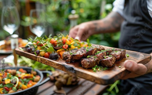 Grilled Steak and Salad on Wooden Serving Board