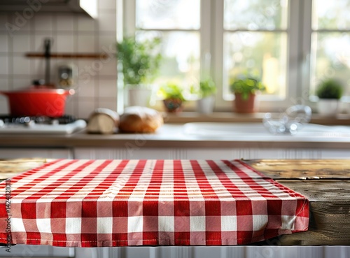 Red and White Checkered Tablecloth on Wooden Kitchen Counter