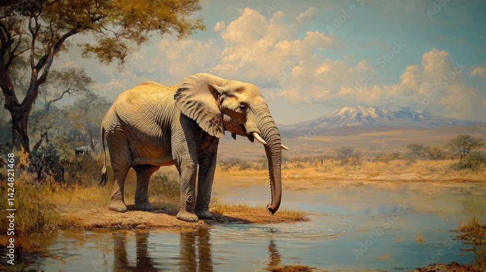 Fototapeta premium African Elephant by the Watering Hole: A Serene Savannah Scene