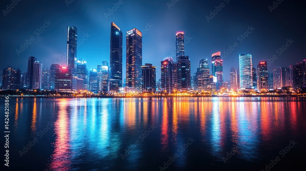 Fototapeta premium Night Cityscape Reflection: Vibrant Urban Lights Illuminating Calm Waters
