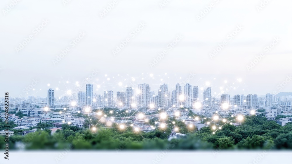 Obraz premium Cityscape Network Connections Soft Modern Style High-Resolution Panoramic View City Infrastructure Interconnectivity Green Urban Setting Light Blue Tones Technology Marketing