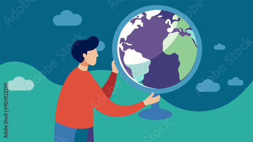 A sculpture of a person holding a mirror with an image of the Earth reflected on its surface emphasizing the idea that we are the cause and solution.