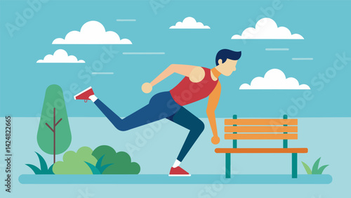 A solo exerciser using a park bench for a full body workout incorporating cardio and strength exercises like mountain climbers and bench jumps.. Vector illustration
