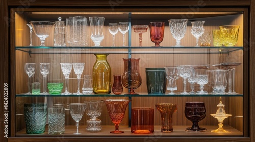 A glass cabinet showcasing a curated collection of fine glassware in varying colors, sizes, and finishes