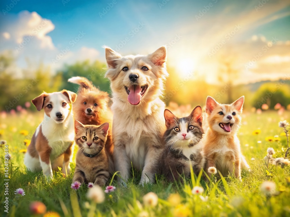Adorable panoramic view of playful kittens and puppies cuddling together Adorable panoramic view of playful kittens and puppies cuddling together