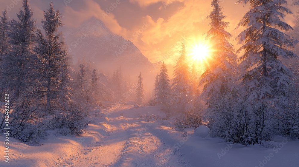 Majestic Winter Sunset in a Snowy Mountain Forest
