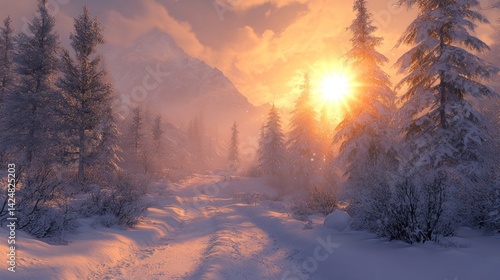 Obraz na płótnie Majestic Winter Sunset in a Snowy Mountain Forest w salonie