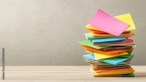 Colorful Sticky Notes Stacked on a Wooden Surface