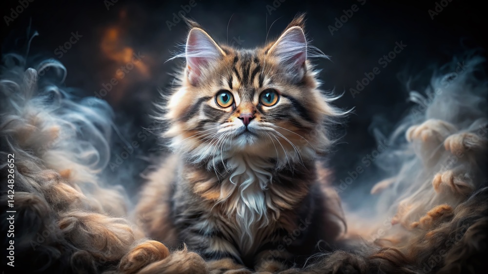 Adorable Siberian Kitten Amidst Mystical Black Smoke, High Depth of Field Adorable Siberian Kitten Amidst Mystical Black Smoke, High Depth of Field