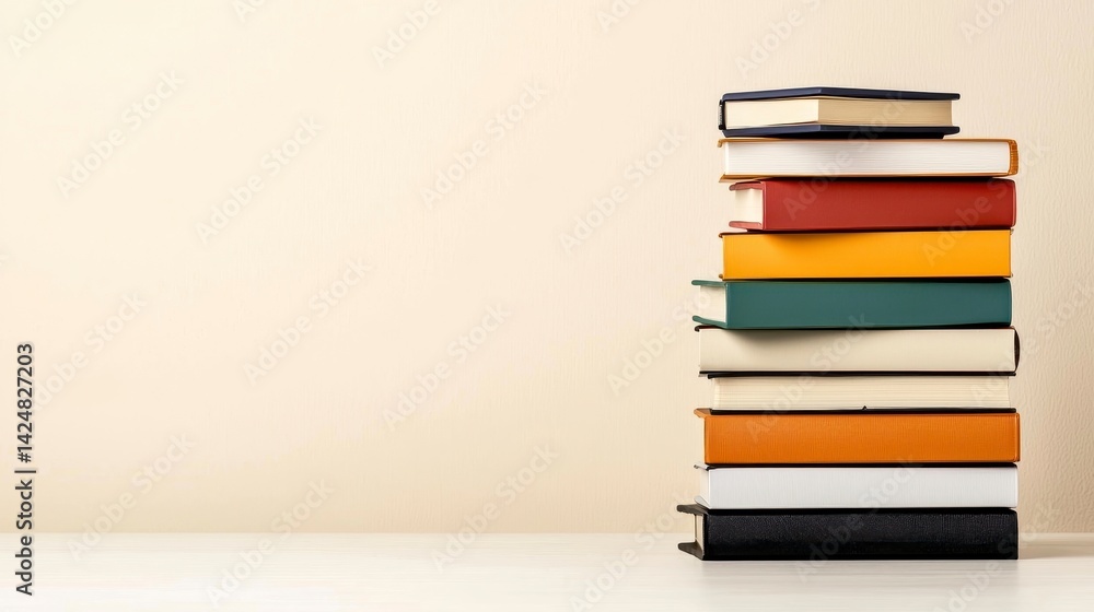 Fototapeta premium Colorful Books Stacked on a White Table Surface