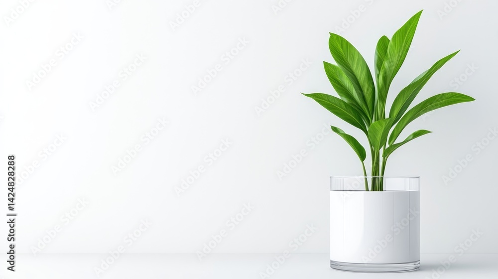 Minimalist plant display in a modern, clear glass and white pot against a clean white background Minimalist plant display in a modern, clear glass and white pot against a clean white background