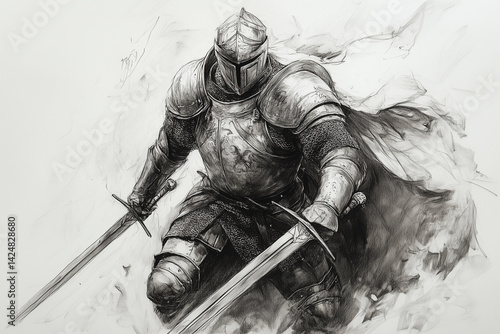 pencil drawing of a medieval knight in armor