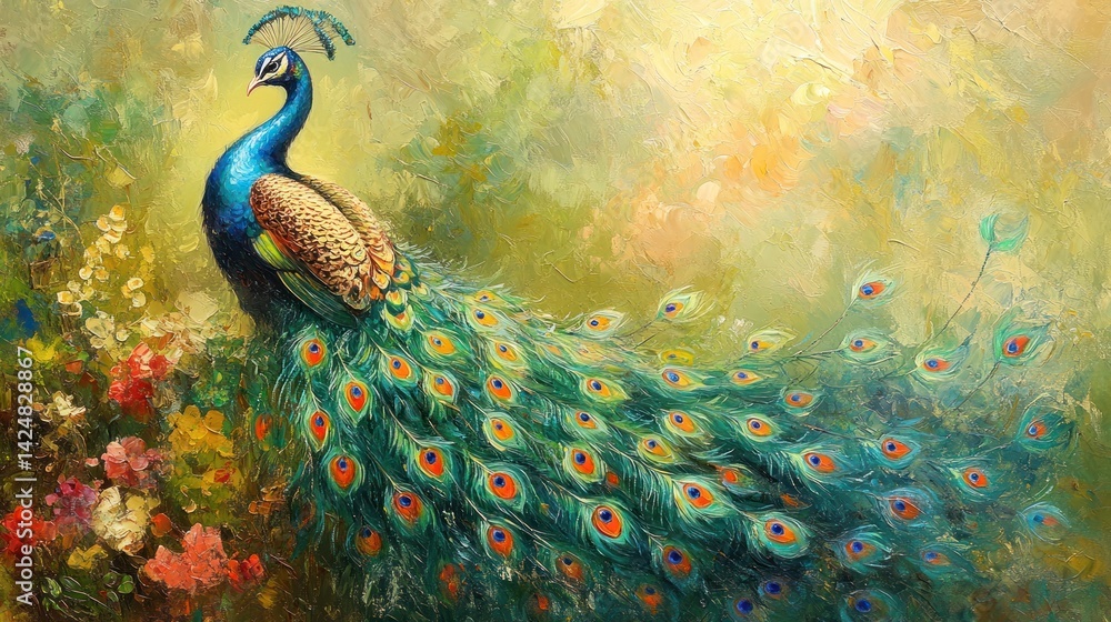 Majestic Peacock in a Vibrant Garden: A Masterpiece of Oil Painting