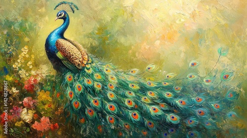 Obraz na płótnie Majestic Peacock in a Vibrant Garden: A Masterpiece of Oil Painting w salonie
