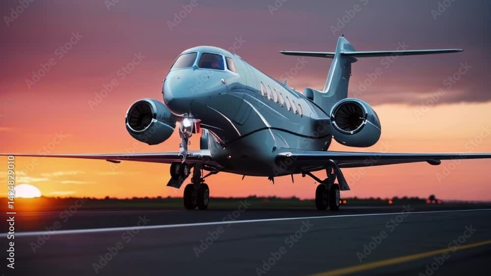 Sleek and modern private jet on a runway with headlights on ready for takeoff against a dramatic sunset backdrop created with generative ai Sleek and modern private jet on a runway with headlights on ready for takeoff against a dramatic sunset backdrop created with generative ai