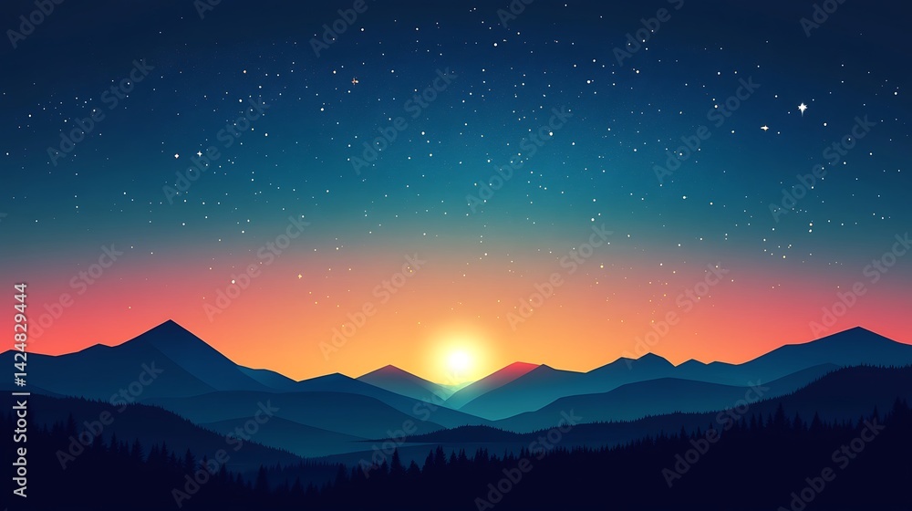 Fototapeta premium Sunrise Mountain Range Night Sky.