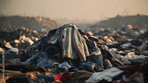 pile of old clothes in a landfill, fast fashion Garments factory waste, dumping sites, waste clothes Concept, Garment Wastes, Textile Garbage from factory outlet, created with generative ai