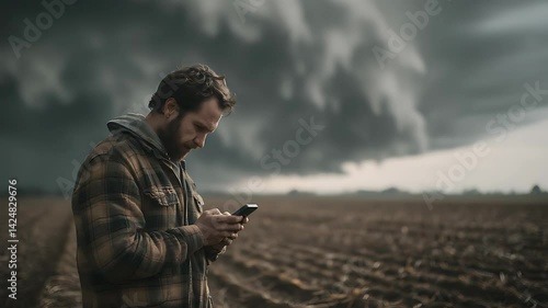 Man checks phone in field as huge storm clouds gather overhead