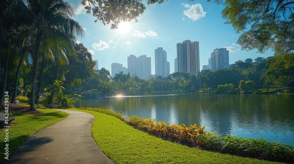Urban Oasis: Serene Lake and City Skyline