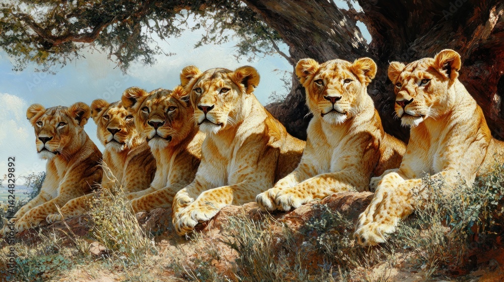 Majestic Lionesses Under a Tree: A Serene Wildlife Scene