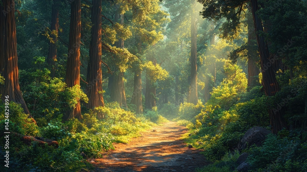 Sunlit Path Through a Redwood Forest