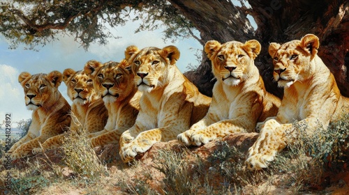 Obraz na płótnie Majestic Lionesses Under a Tree: A Serene Wildlife Scene w salonie