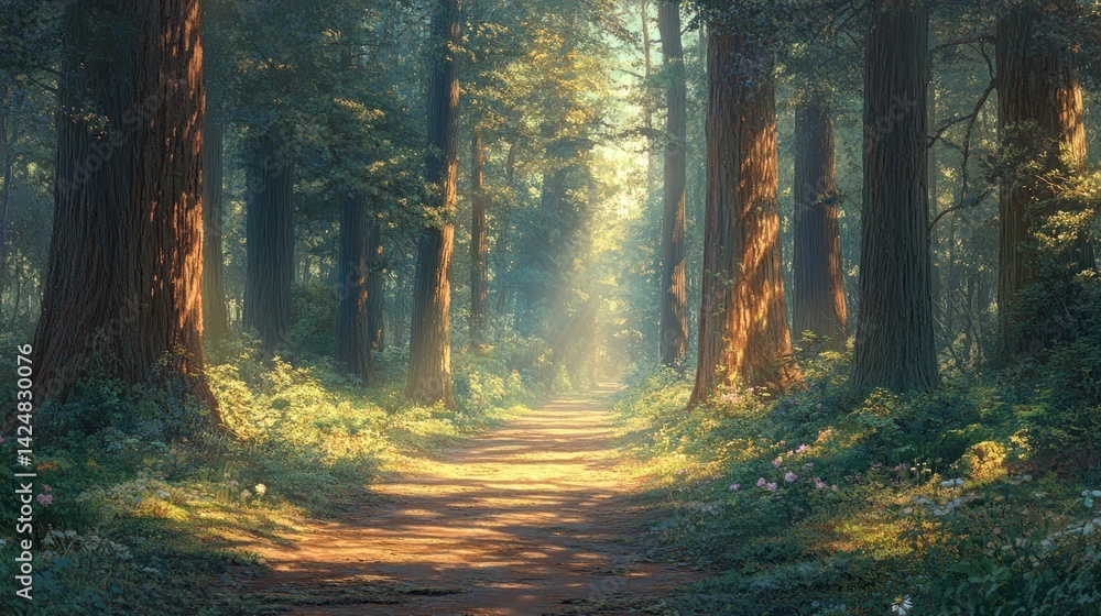 Sunlit Path Through Majestic Redwood Forest: A Serene Escape into Nature's Embrace