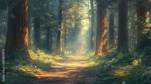 Obraz na płótnie Sunlit Path Through Majestic Redwood Forest: A Serene Escape into Nature's Embrace w salonie