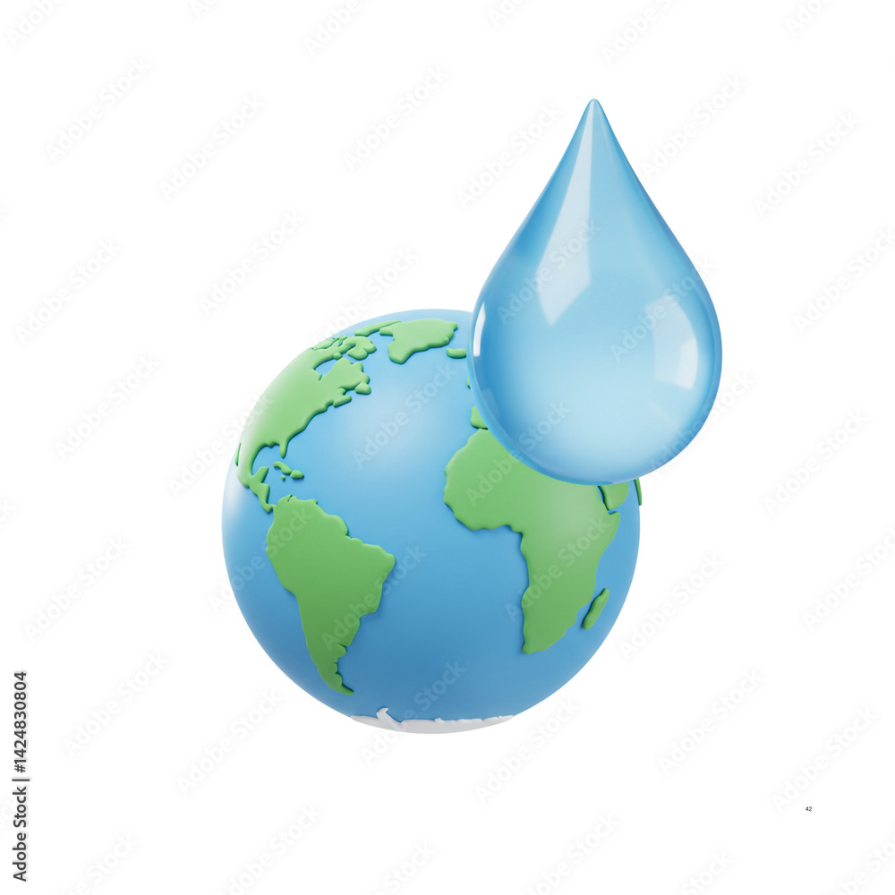Obraz premium 3D Water Droplet on Earth Globe Hydration Environment Pure Water Resource Liquid Nature Preservation